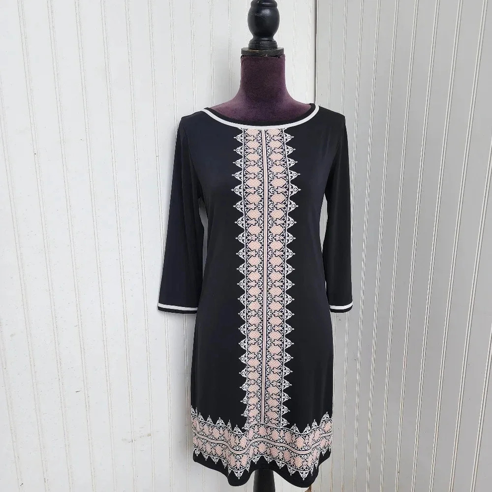 Studio M Women's Black Peach Lace Print Stretch Tunic Dress Long Sleeve Sheath S